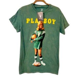 PLAYBOY Vintage Inspired 1967 Football Graphic Green Tee Size Large New